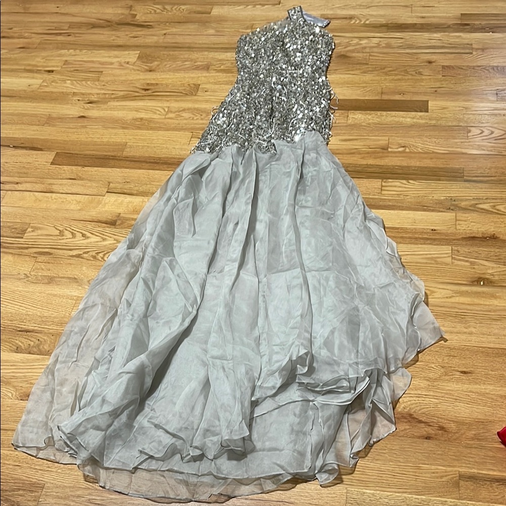 Silver Ruffled One Shoulder Backless Gown